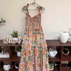 Floral Tiered Maxi Dress in Teal, Peach & Pink